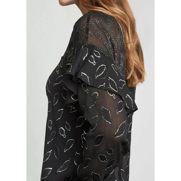 BCBGMaxazria Black Sheer Chiffon Silver Metallic Leaf Print High Neck Blouse - Picture 3 of 15